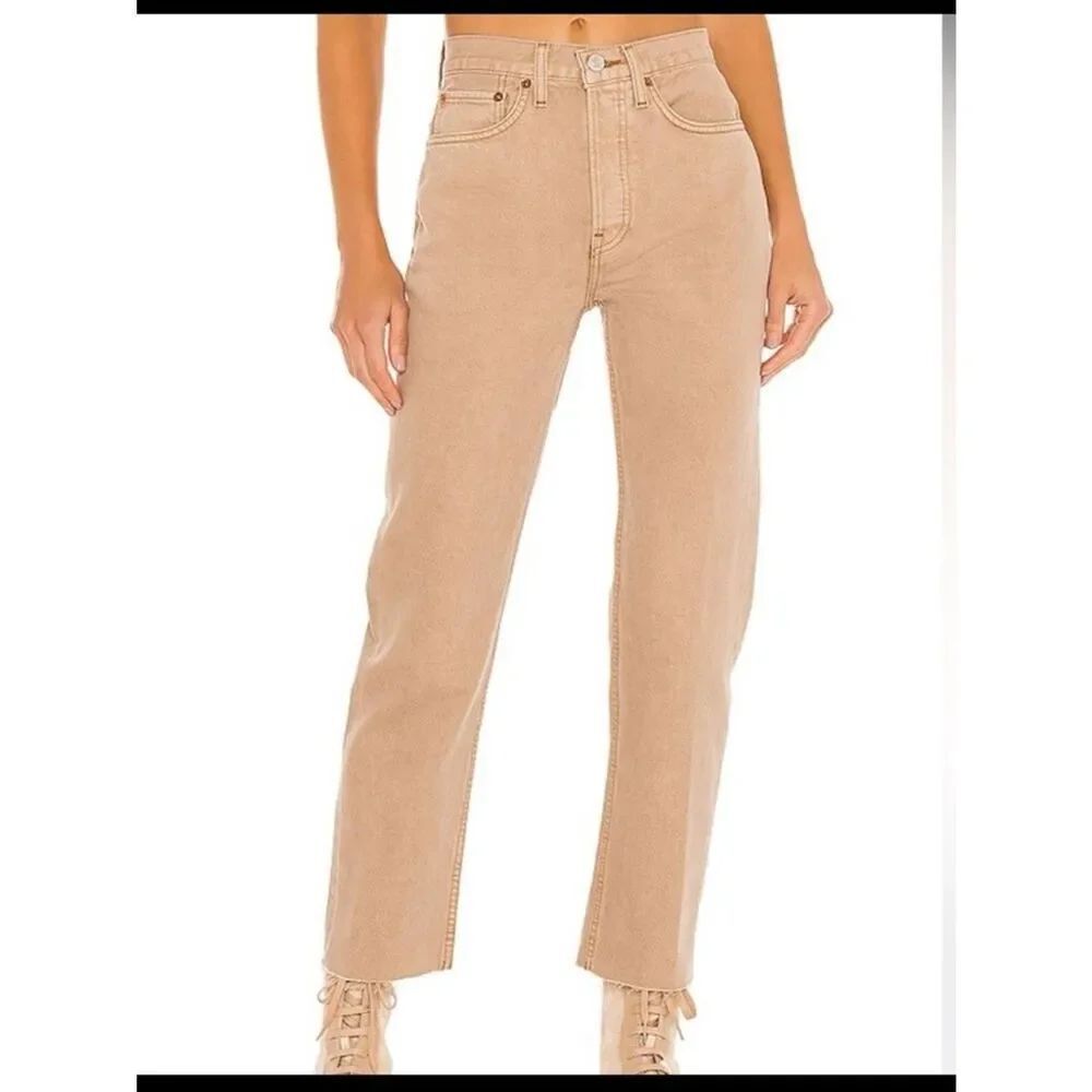 $265 Re/Done 70 s Ultra high rise stove pipe denim jeans in Washed Khaki